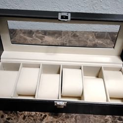 Watch Case $12  -  New  -  Black Leather Box, Glass Window Lid, 6 Slots