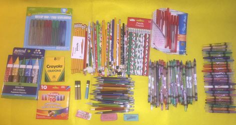 Mechanical Pencils-18, Pencils-70, Crayons (Twistables)-63, Red Pens-9, Glitter Glue-15, Erasers, Lead