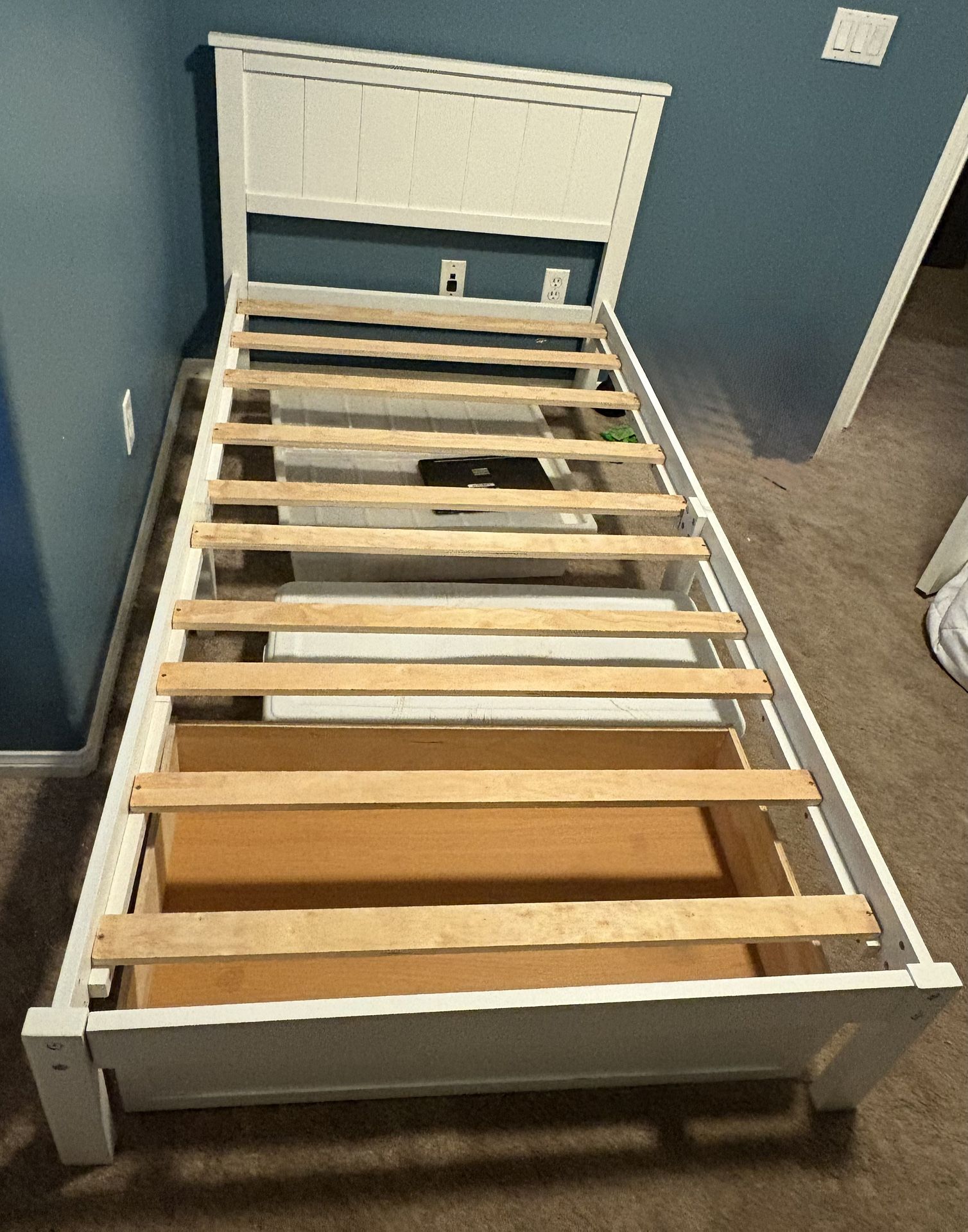 PURLOVE Twin Size Bed Frame with Storage Drawer,Wood Platform Bed Frame with Headboard and Slat for Kids,White