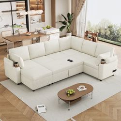 Convertible Pull Out Sleeper Sofa Bed, 84.7 Inch L Shaped Sectional Couch Sofa with Storage Ottoman and Charging Station - Beige