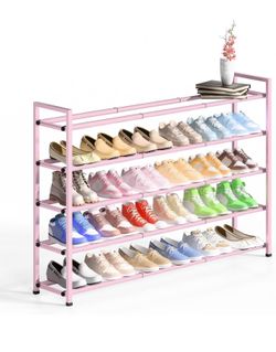 5-Tier 18”-44” Long Expandable Pink Metal Shoe Rack, 25-30 Pairs Large Shoe Organizer Shelf Storage