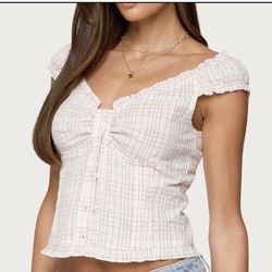 Edikted Dolsy Plaid Pink/White Button Up Top (size XS)