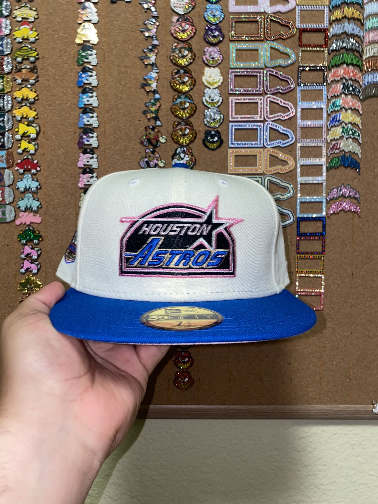 Two-Tone Cream And Blue Houston Astros Fitted Hat Pink UV 50th Anniversary Sidepatch (Travis Scott x Fragment Jordan Low 1 Inspired)