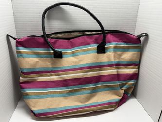 Large Striped Tote Bag Pink Blue Tan Zip Top Beach Travel Bag