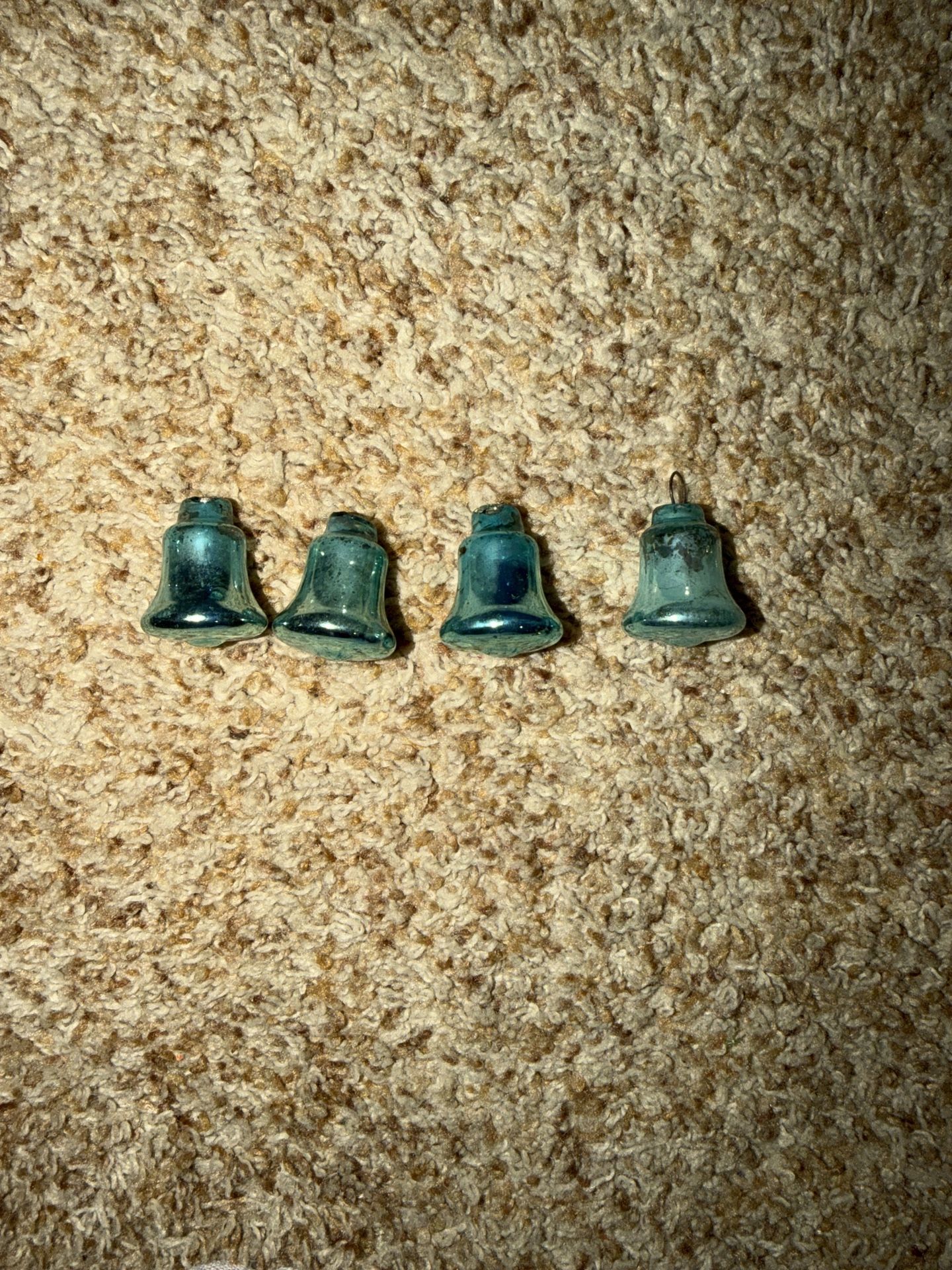 vintage Christmas bell ornaments blue. 3 of them are missing tops 