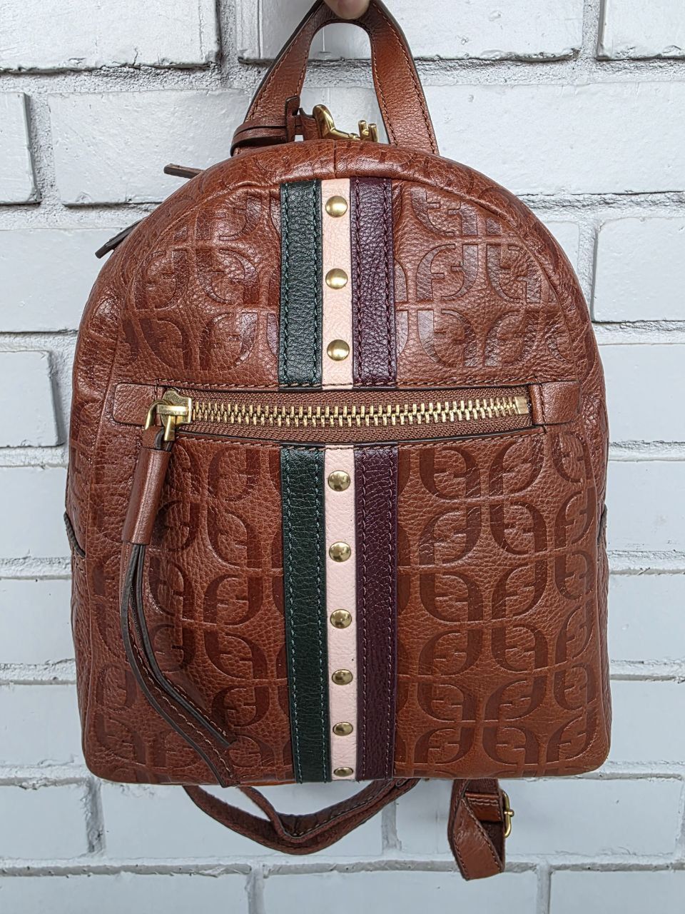 Fossil Brown Leather Backpack – Logo Embossed – Multicolor Stripe Studded Design – Key Charm – Like New