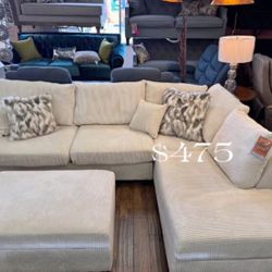 Gorgeous Ivory Sectional Sofa With Storage Ottoman And USB Port