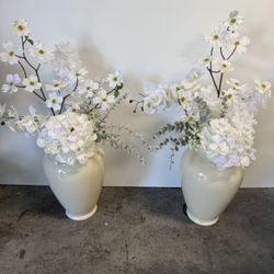 Tall White Floral Ceramic Vases