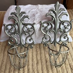Vintage Set Of 2 Silver tone Metal Ornate Wire Wall Sconces