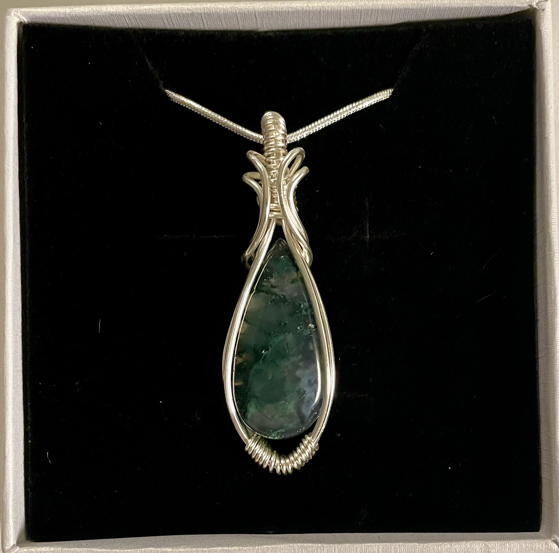 Moss Agate Teardrop Pendant – Hand Wrapped in Silver Wire
