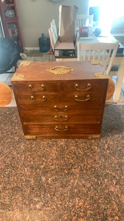 Vintage 1960d Japanese Tansu - style Jewelry chest with Ornate brass hard ware and decoration