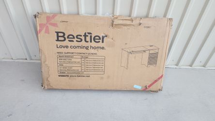 Computer desk by Bestier 55" Natural Oak Fluted with Keyboard Tray & Storage Cabinet – New Open Box