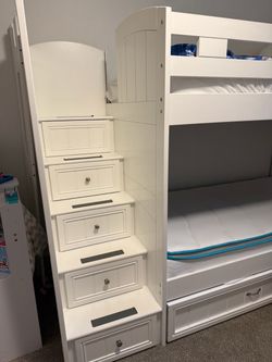 White Wood Bunk Bed with Storage Stairs