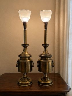 Vintage Hollywood Regency Brass Torchiere Table Lamps – Matching Pair – 35”