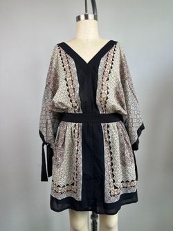 Boho Kimono Dress Black Floral Paisley Print Tie Sleeve Size Small