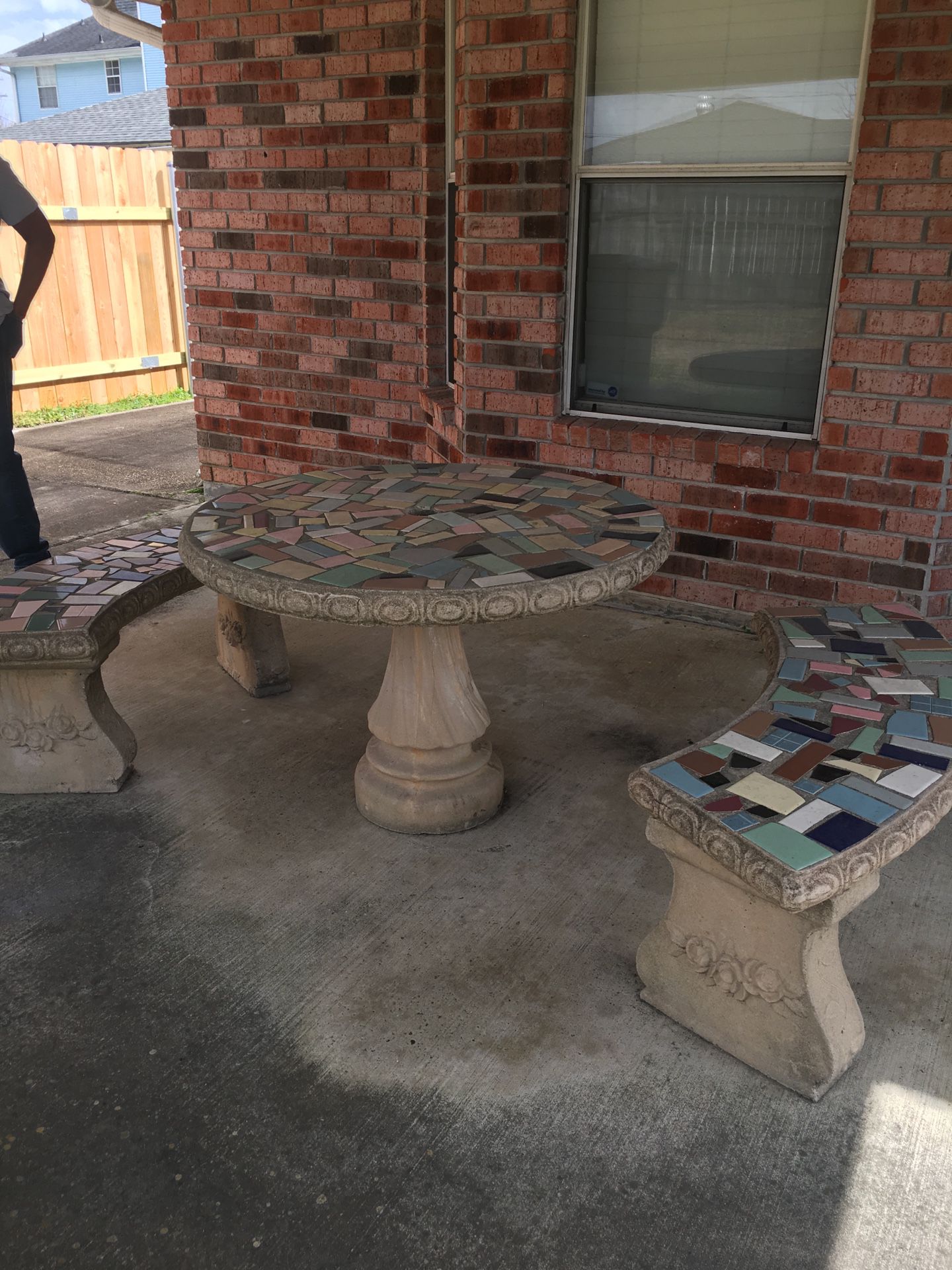 Patio Furniture:  Concrete Tile Inlay  Round Table With Curved Benches, Prayer Concrete Bench And Concrete Statue Table  Make Offer Separate Or Group