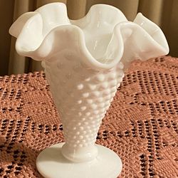 Vintage Fenton Hobnail  Art Glass Ruffled Edge Vase Milk Glass