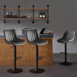 Bar Stools Set of 3, Swivel Counter Height Bar Stools, Adjustable PU Leather Bar Chairs with Back and Footrest, Modern Armless Counter Stools, Island 
