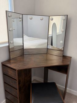 L Shaped Vanity Corner Table with Seat and Lights