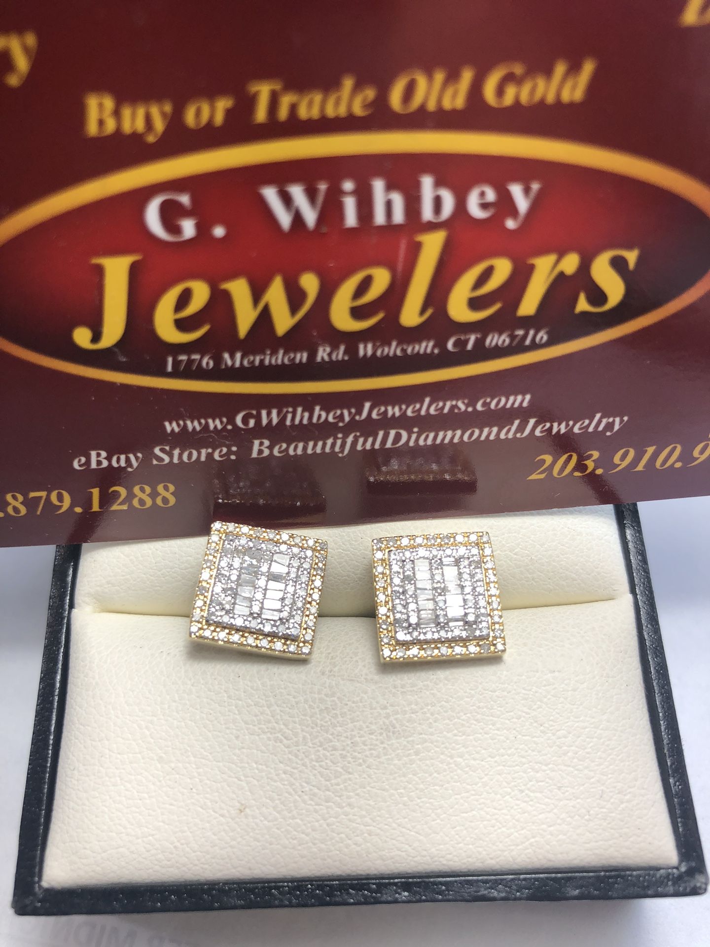 10 Kt Genuine Gold & Diamonds Earrings  1/2” Square Settings 