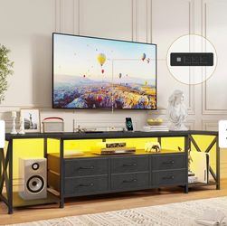 71" TV Stand with LED Lights, 6 Drawers & Open Shelves, Power Outlets, Black