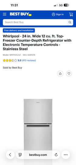Whirlpool 24- In 11.6 Cu Ft Freezer Top Refrigerator