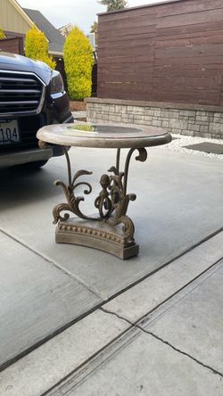 Ornate Round Side Table with Stone Top