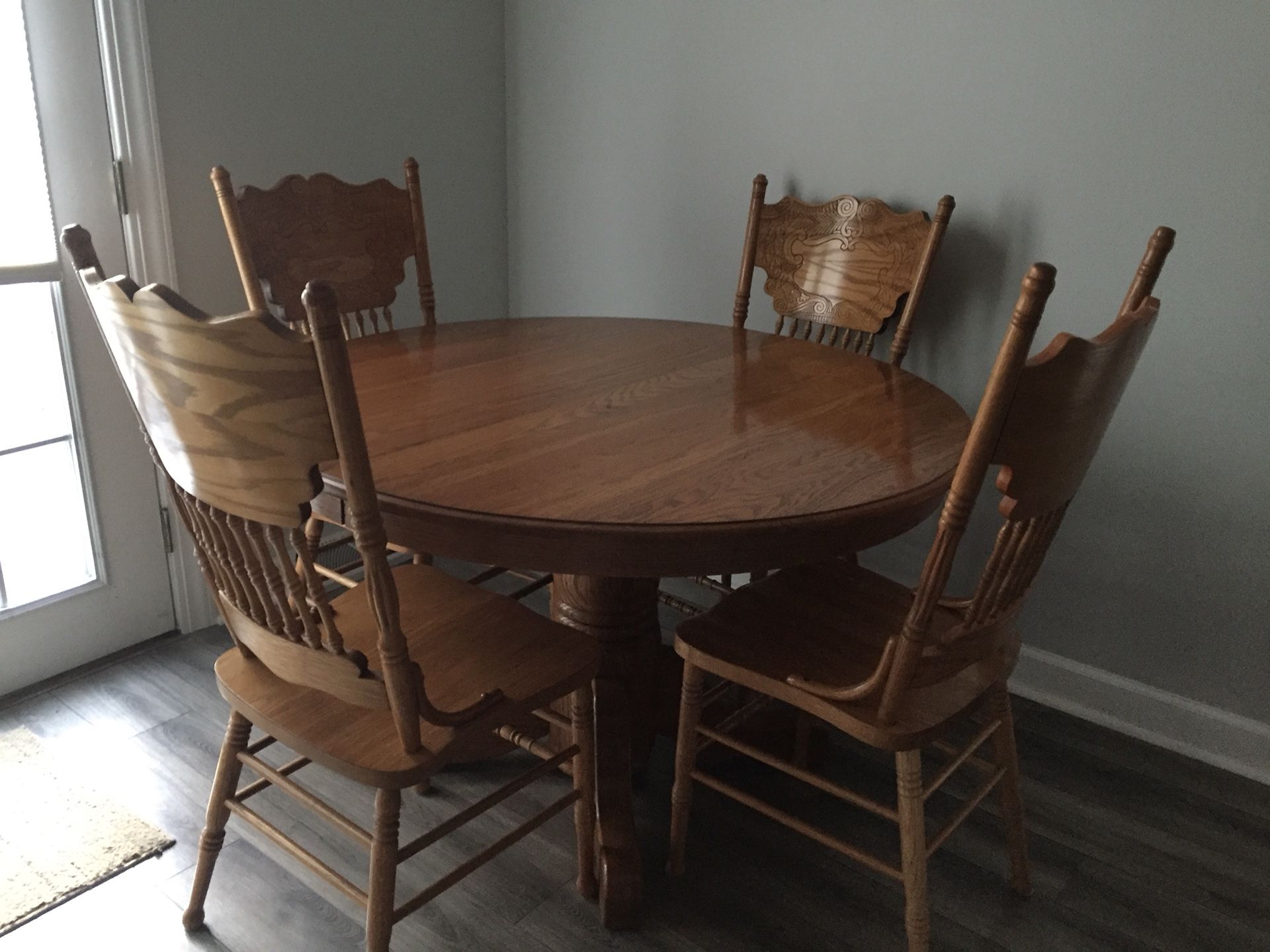 Dining Room Table, leaf, 6 chairs. Solid Classic Oak Design. for Sale