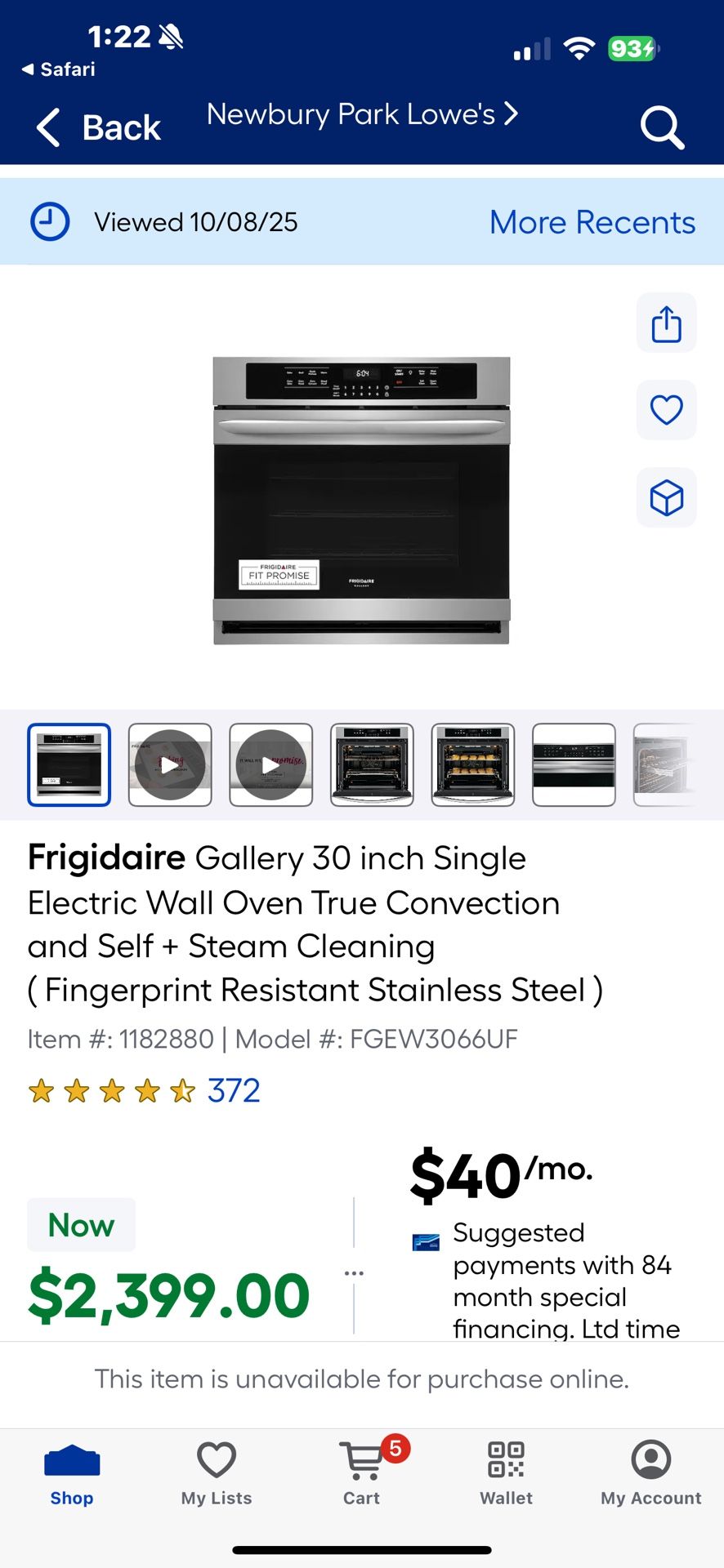 NEW FRIDGIDARE GALLERY. TRUE CONVECTION 30”ELECTRIC WALL OVEN WITH A 3 YEAR EXTENDED WARRANTY FULLY TRANSFERABLE 10/8/25