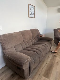 Brown Fabric Reclining Sofa and Single Recliner