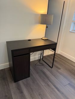 Deep Walnut Brown Modern Desk with Storage Cabinet & Cable Grommet
