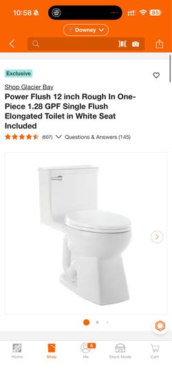 Glacier Bay Power Flush 12 inch Rough In One-Piece 1.28 GPF Single Flush Elongated Toilet in White Seat Included