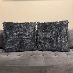Set of 2 Charcoal Gray Faux Fur Throw Pillows