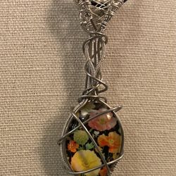 (2) Hand-Crafted Wire-Wrapped Pendant. Silver Wire/Black Floral Cabochon. 