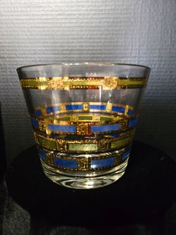 MCM Culver Empress pattern ice bucket blue&green geometric stripes 22-karat gold. 5"×6"