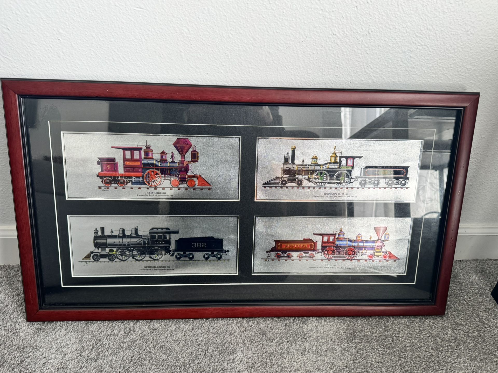 Rare vintage Framed Locomotive Trains Railroad Foil Color Etch
