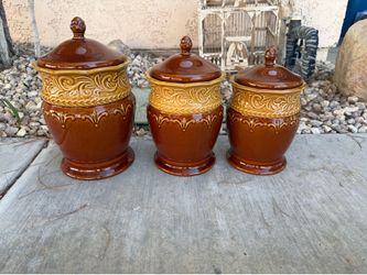 Vintage 3-Piece Ceramic Canister Set – Brown & Tan Kitchen Storage