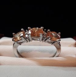 925 EP Cocktail Ring, (3) Oval Cut Morganite Topaz w (6) White Topaz Accents. Size 8