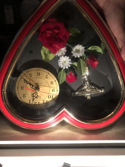 Vintage Wall Clock - Red Heart Shaped Shadow Box - Crucifix and Roses