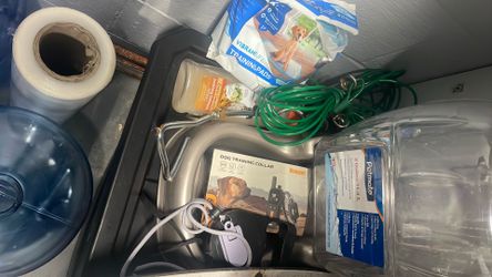 Dog Stuff. Crate, Bowls, Yard Leash/spiral Stake, 3 Gallon Food Dispensing Bowl