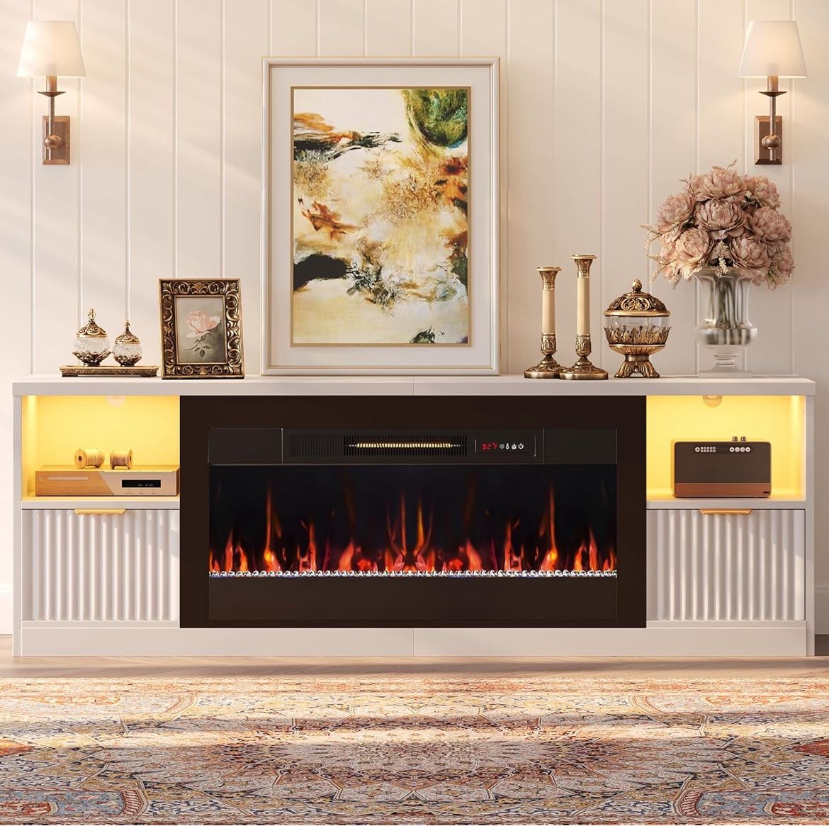 71 in. Fluted Glossy White Electric Fireplace TV Stand Fits TV Up to 75 in. Entertainment Center with Cabinet