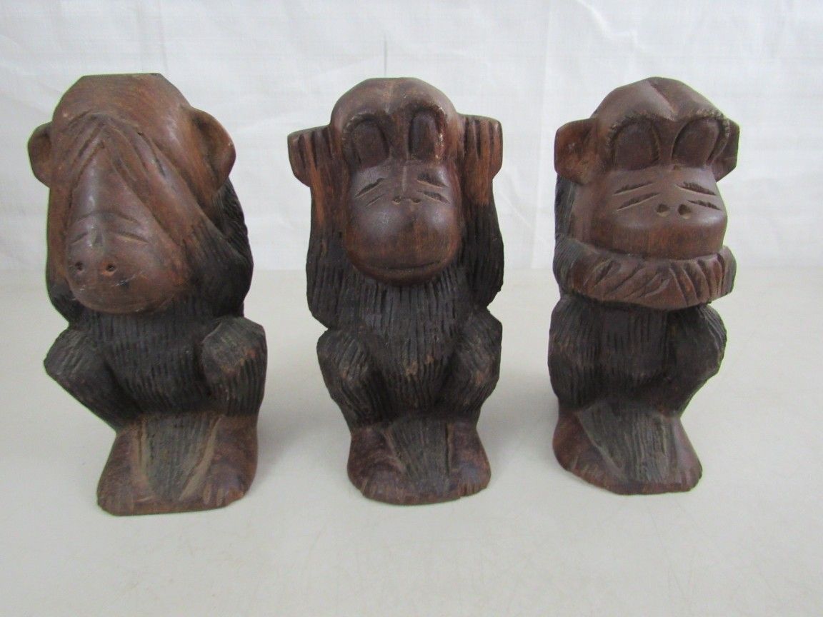 3 Wise Monkeys Hand Carved Wooden Figurines Set Hear See Speak No Evil