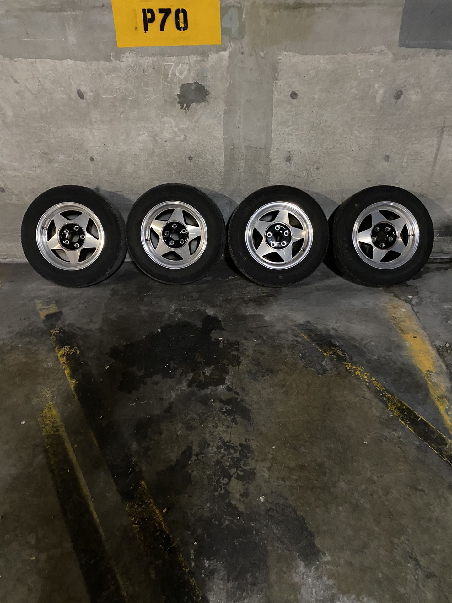 14” ARE wheels 5 by 112 lug bolt pattern with tires low tread