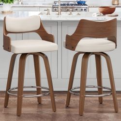 2X Antique White 26” Swivel Faux Leather Barstools 