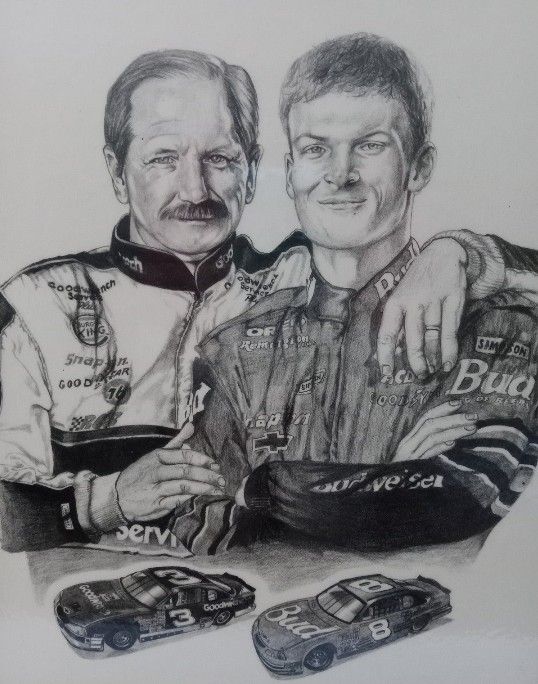 Pencil Sketch Of Dale Earnhardt Sr tribute with his son Dale Jr Picture Frame