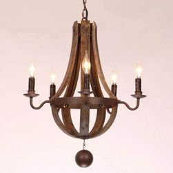 Rustic Reclaimed Wood & Rust Metal 5-Light Chandelier With Candle Light