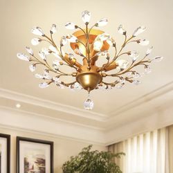 Crystal Chandeliers,K9 Crystal Ceiling Light,Vintage Light Fixtures Pendant Lighting for Living Room Bedroom Restaurant Porch Hallway (4-Light,Golden)