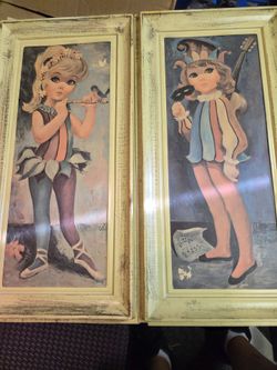 Vintage Big Eyes Girl Wall Art Prints Set of 2