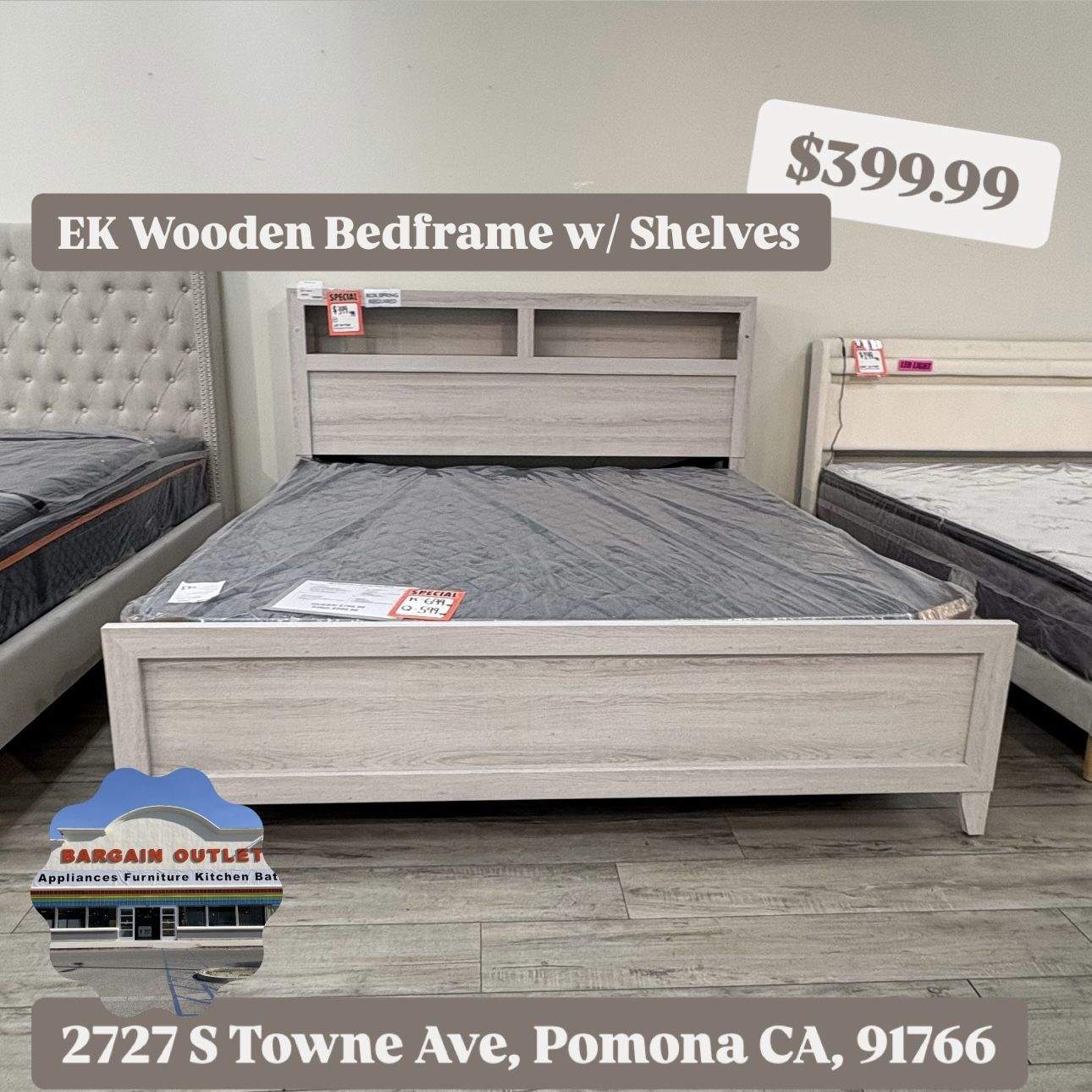 Wooden EK Bed Frame w/ LED Lights & Storage Shelves – Floor Model