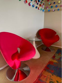 Modern Red Swivel Sculptural Accent Chairs – Chrome Bases – Available Separately or Together